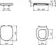 Schematische Darstellung eines WC-Sitzes mit verschiedenen Maßen und Montageschrauben. Design von Ideal Standard, geeignet für unterschiedliche Toilettenmodelle.